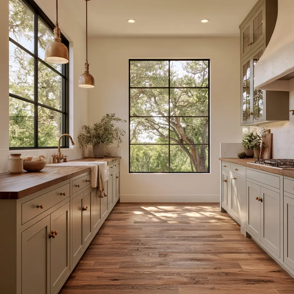 Galley kitchen with sage-green cabinetry, butcher-block counters, aged brass fittings and steel-framed windows onto live oaks.