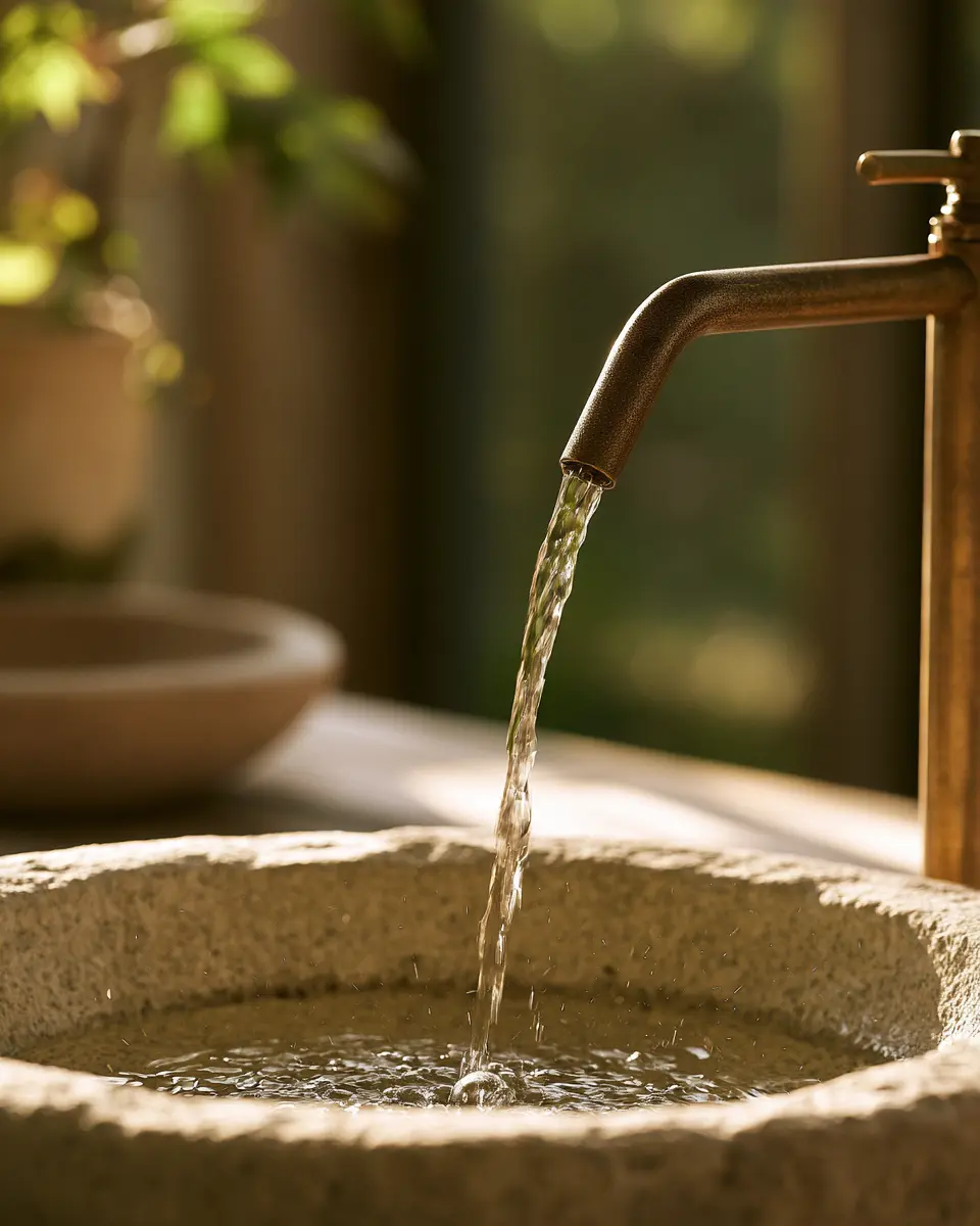 Clear water falling from a matte brass tap into a carved stone basin, daylight from a window behind.