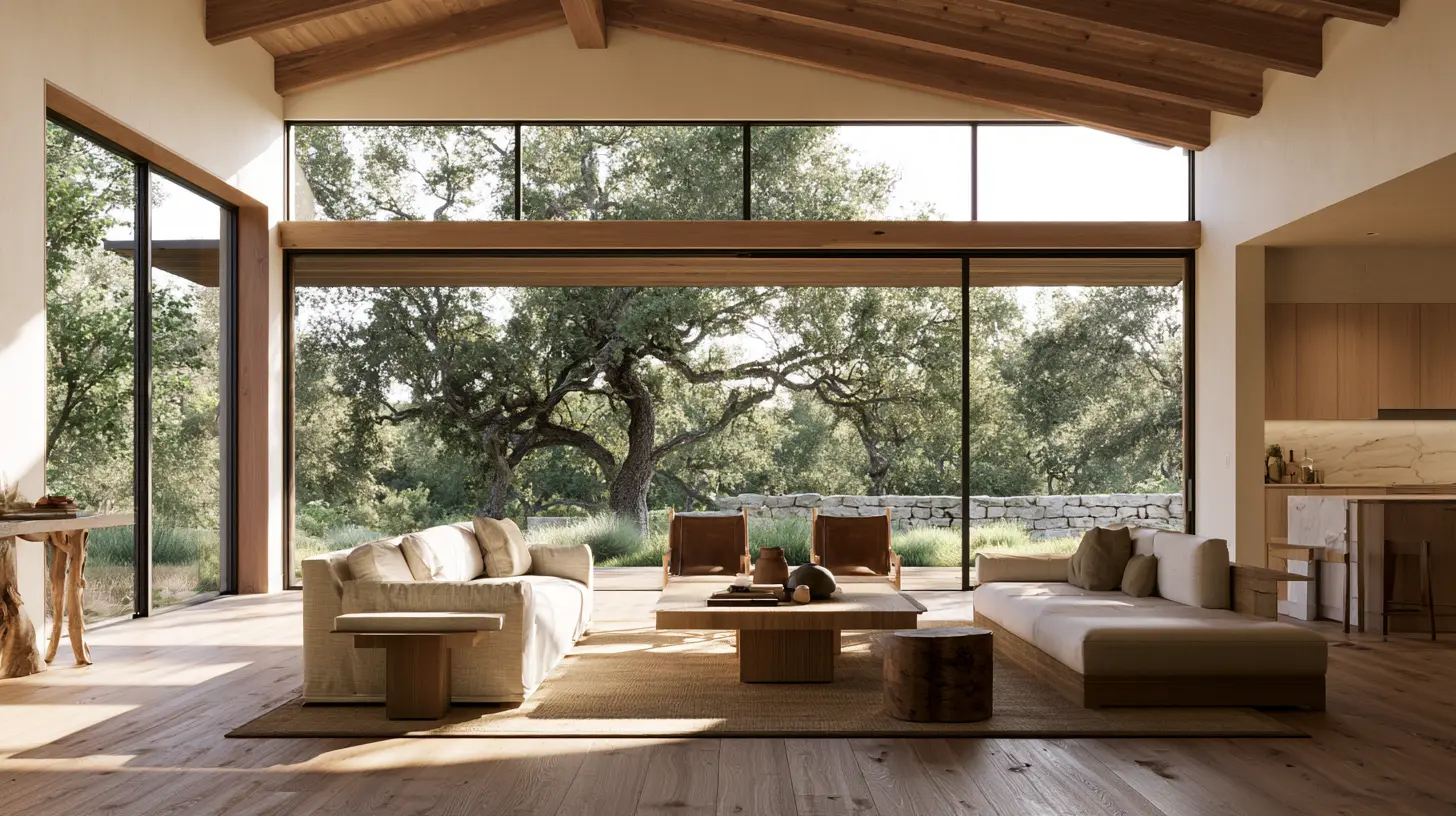 Living space with an exposed beamed ceiling and a wide sliding glass wall opening to oaks and a dry-stone wall.