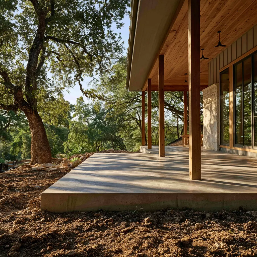 Newly poured porch slab and timber post-and-beam frame under a metal roof deck on a cleared Hill Country lot.