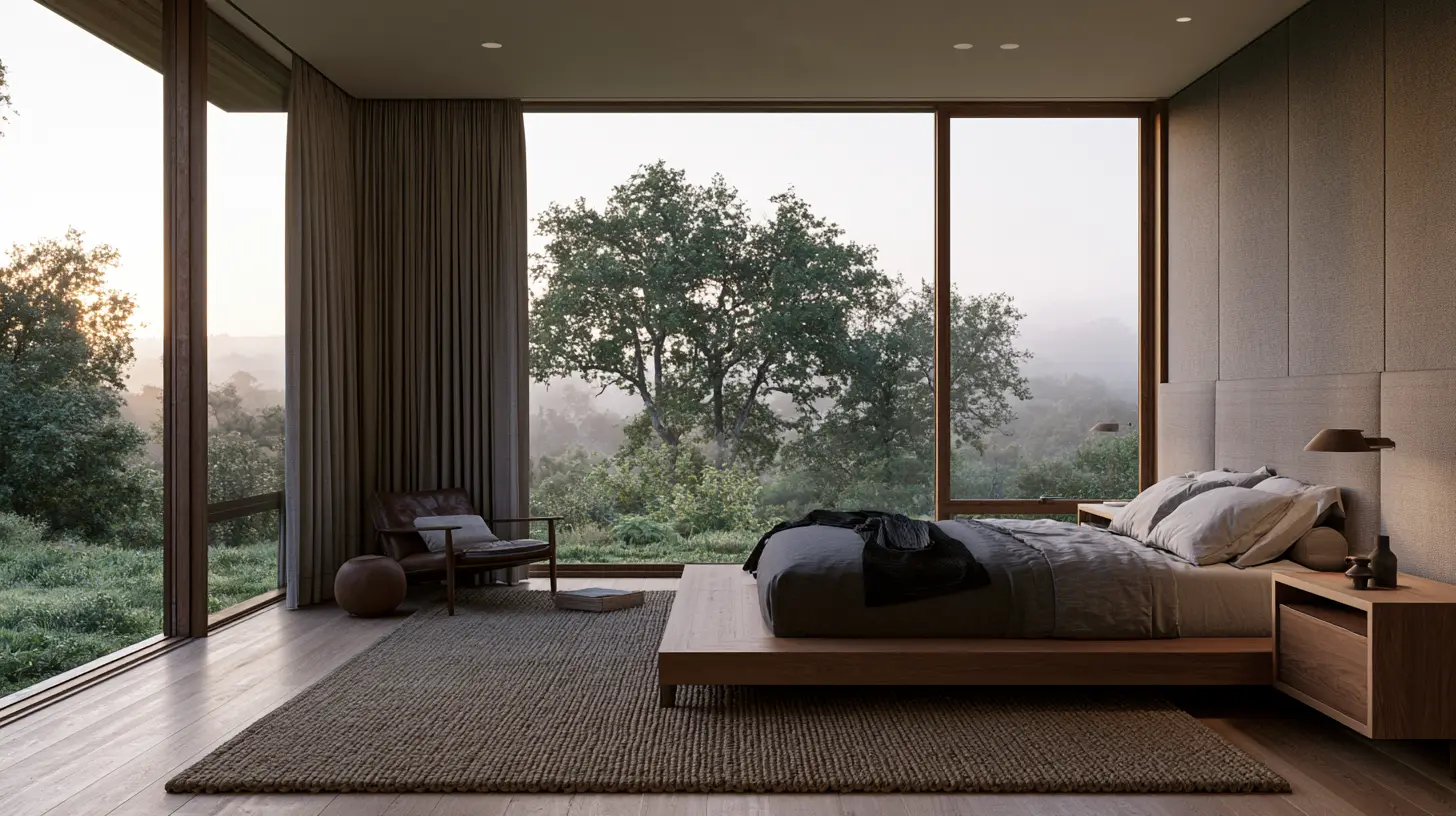 Bedroom at dawn with floor-to-ceiling glazing onto oaks in light fog, curtains drawn back, muted interior.