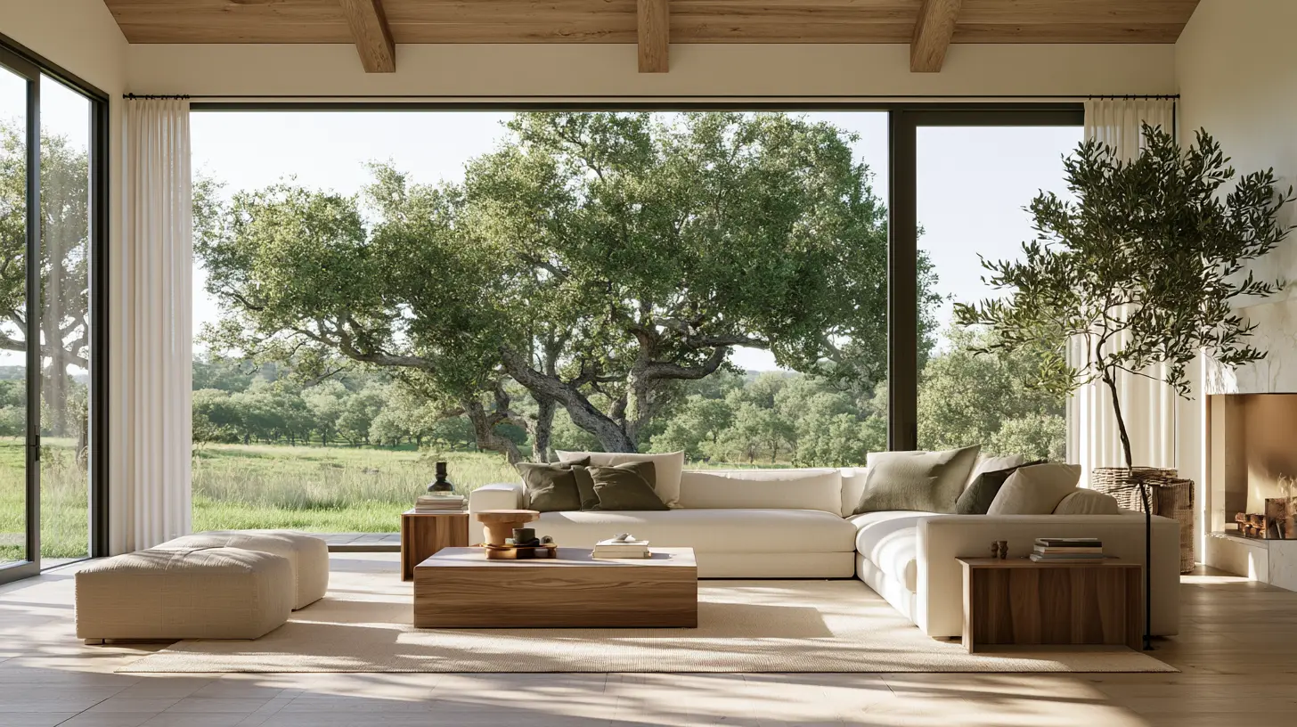 Living room under exposed beams with a broad glass wall onto a meadow and sprawling live oaks.