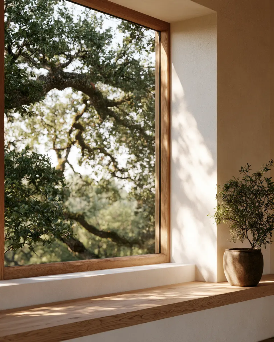 Deep plaster window reveal with an oak frame and sill, sunlight raking the jamb, live oak beyond the glass.