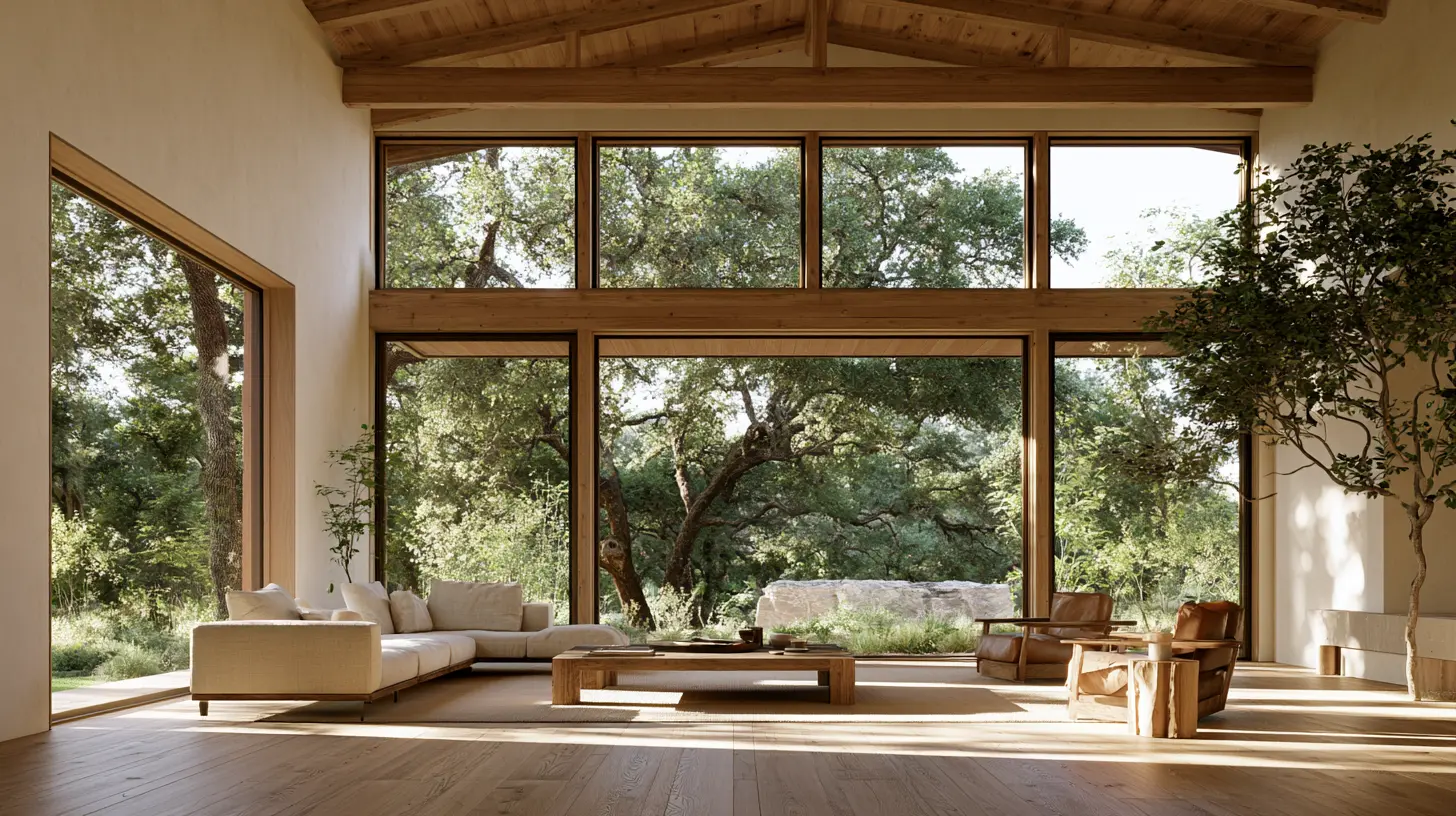 Open living space with high clerestory glazing above full-height windows, timber roof structure, oak floor.