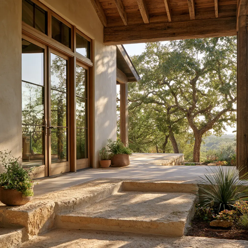 Covered porch with lime-plaster walls, timber doors and rough limestone steps down to native planting under live oaks.