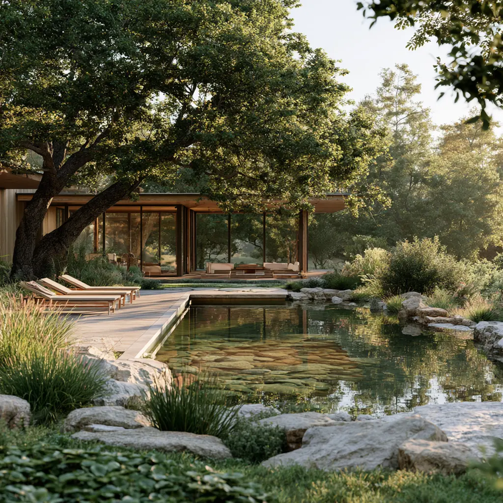 Low glass pavilion under a deep timber overhang beside a natural swimming pond edged in limestone and native grasses, mature oaks overhead.