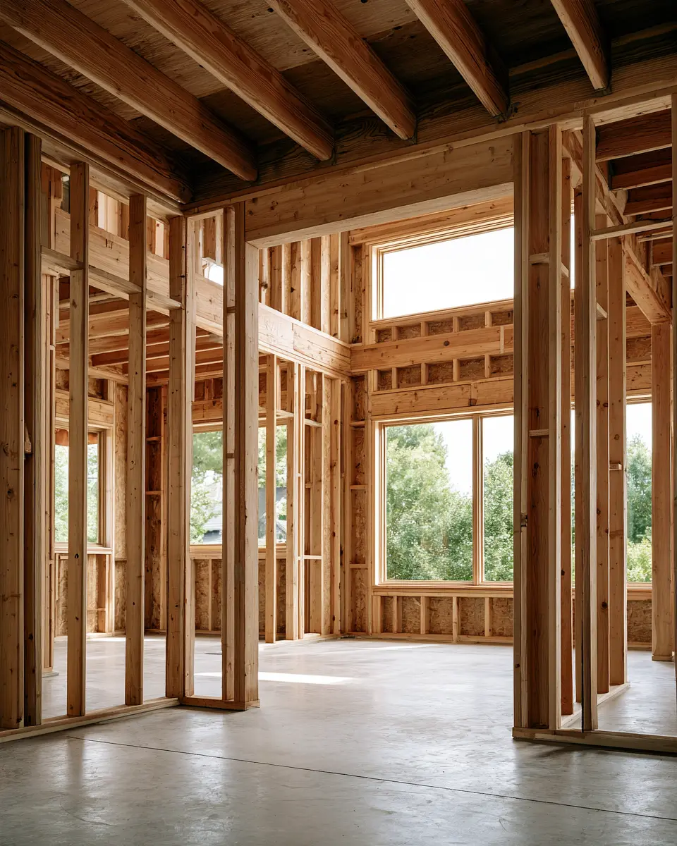 Interior of a house under construction: clean stud bays, exposed beams, window openings glazed, daylight across a concrete slab.