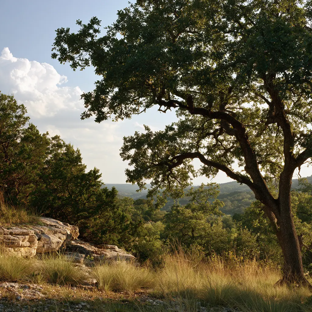 Live oak and limestone outcrop above rolling Hill Country woodland under a clear sky.