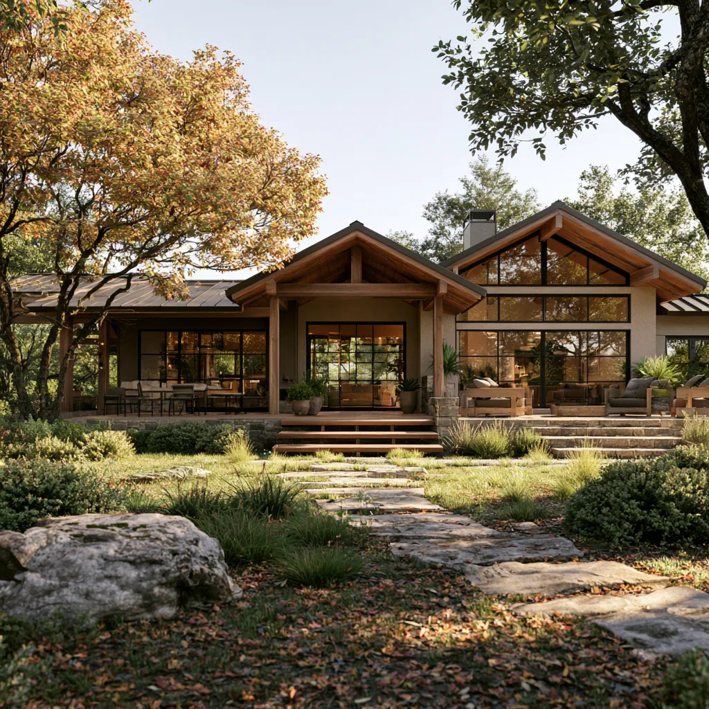 Single-story Hill Country house with a gabled timber-framed entry porch, tall glazed gable, standing-seam metal roof, and a limestone path through native grasses under autumn oaks.
