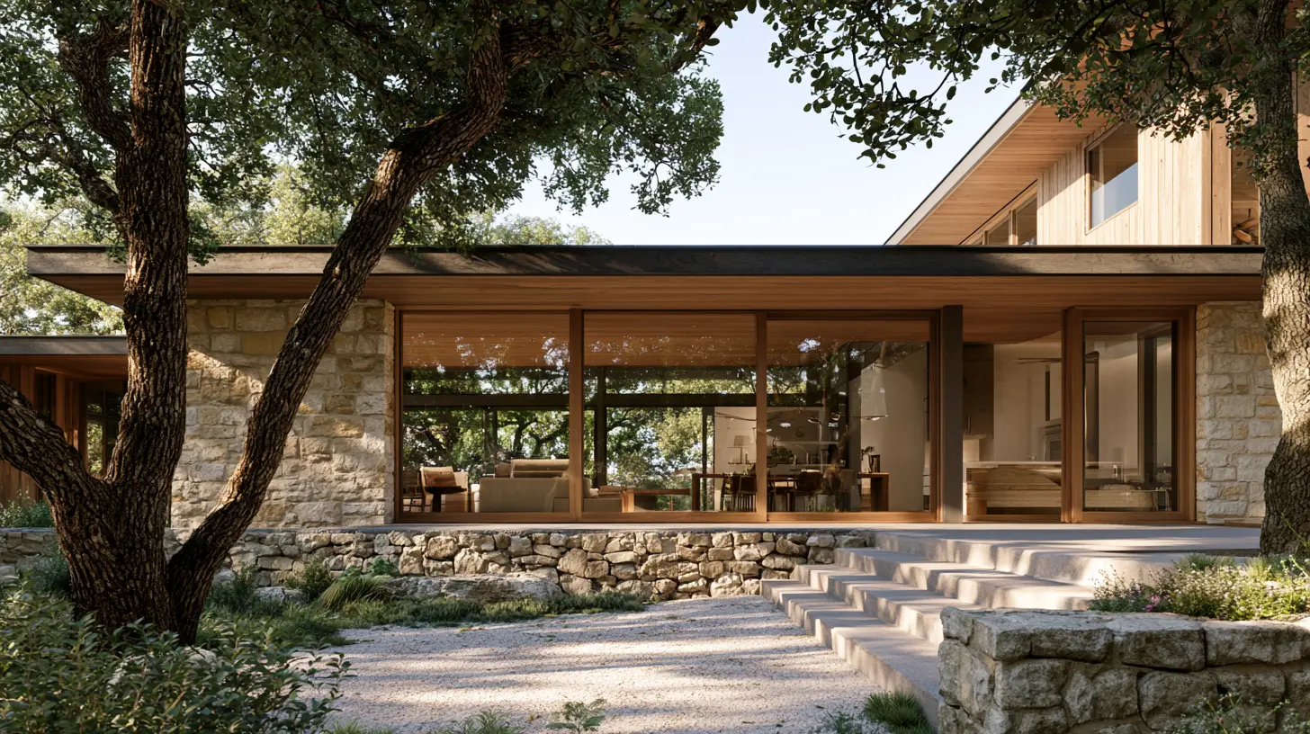 Stone-and-timber house elevation with a stacked limestone base and broad stepped stone terrace under live oaks.