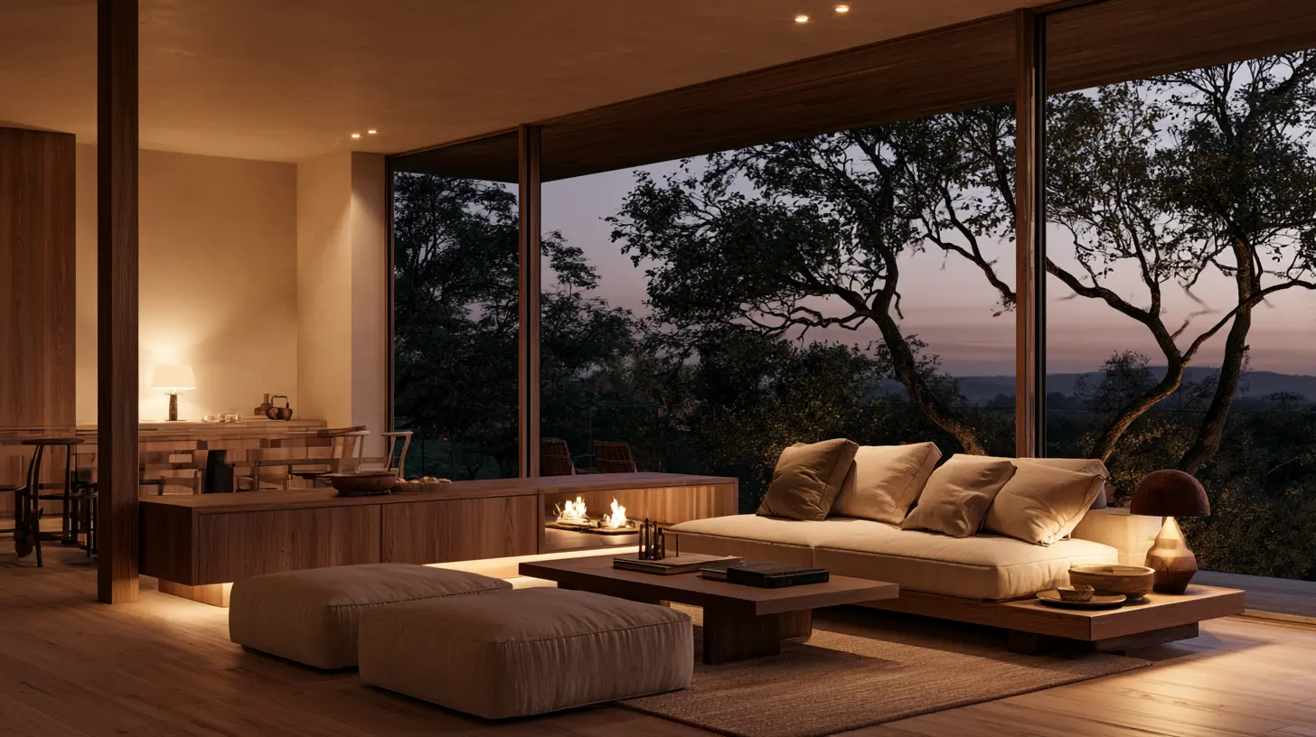 Living space at dusk with warm low-level interior lighting and glazing to a darkening Hill Country horizon.
