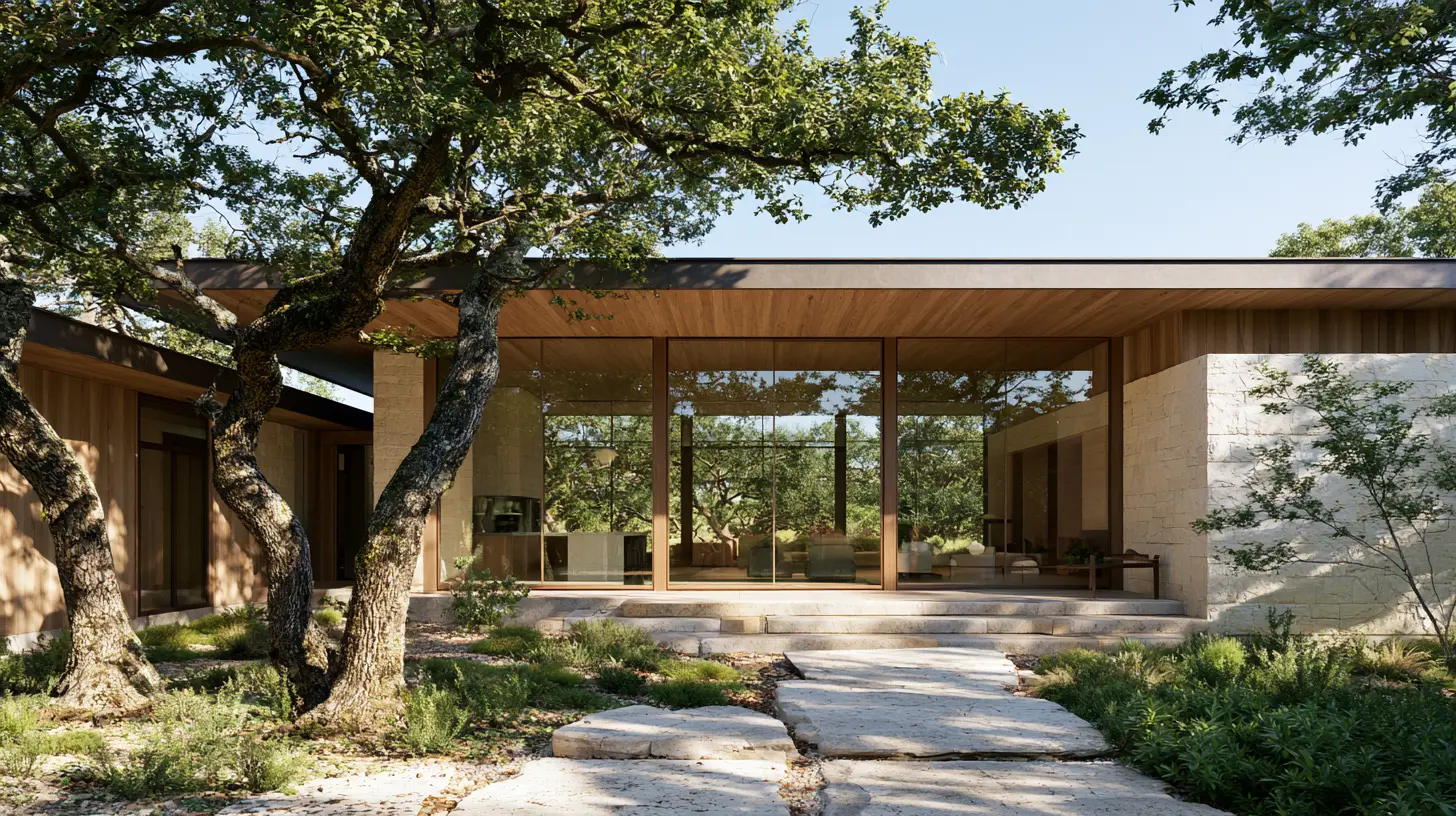 Glass-walled entry pavilion under a deep timber soffit, limestone wall to one side, stone path through native planting.
