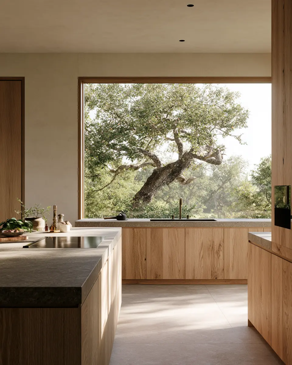 Kitchen with white oak cabinetry and stone counters facing a wide window onto a live oak canopy.