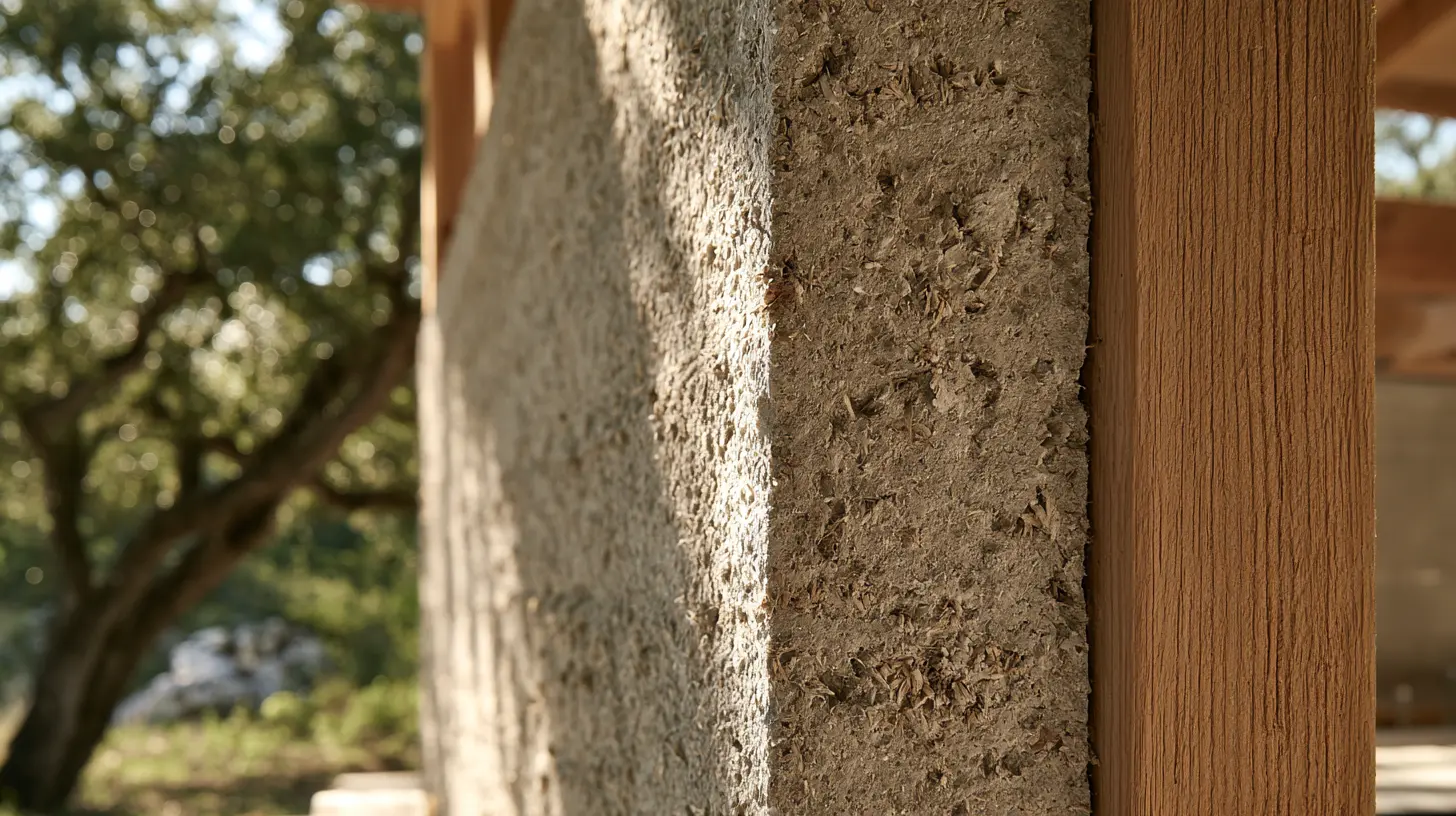 Extreme close-up of a hemp-lime wall section between timber studs, fibrous texture in raking sunlight.
