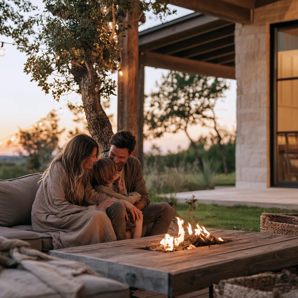 A family sitting together at a timber fire table on a covered limestone porch at dusk, oaks and string lights beyond.