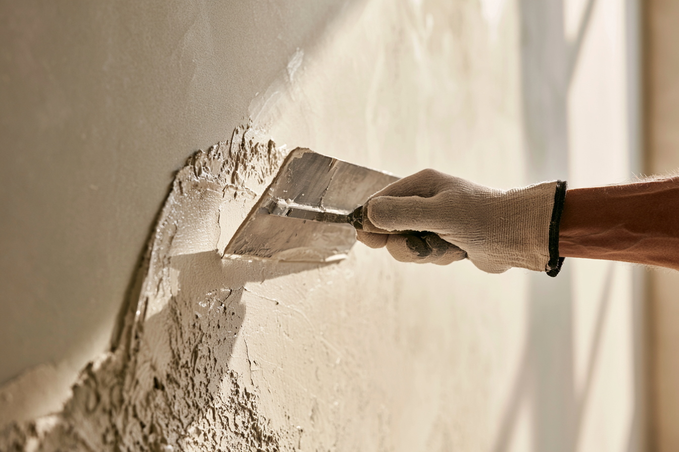 A gloved hand drawing a steel trowel across fresh lime plaster on an interior wall, raking daylight across the surface.