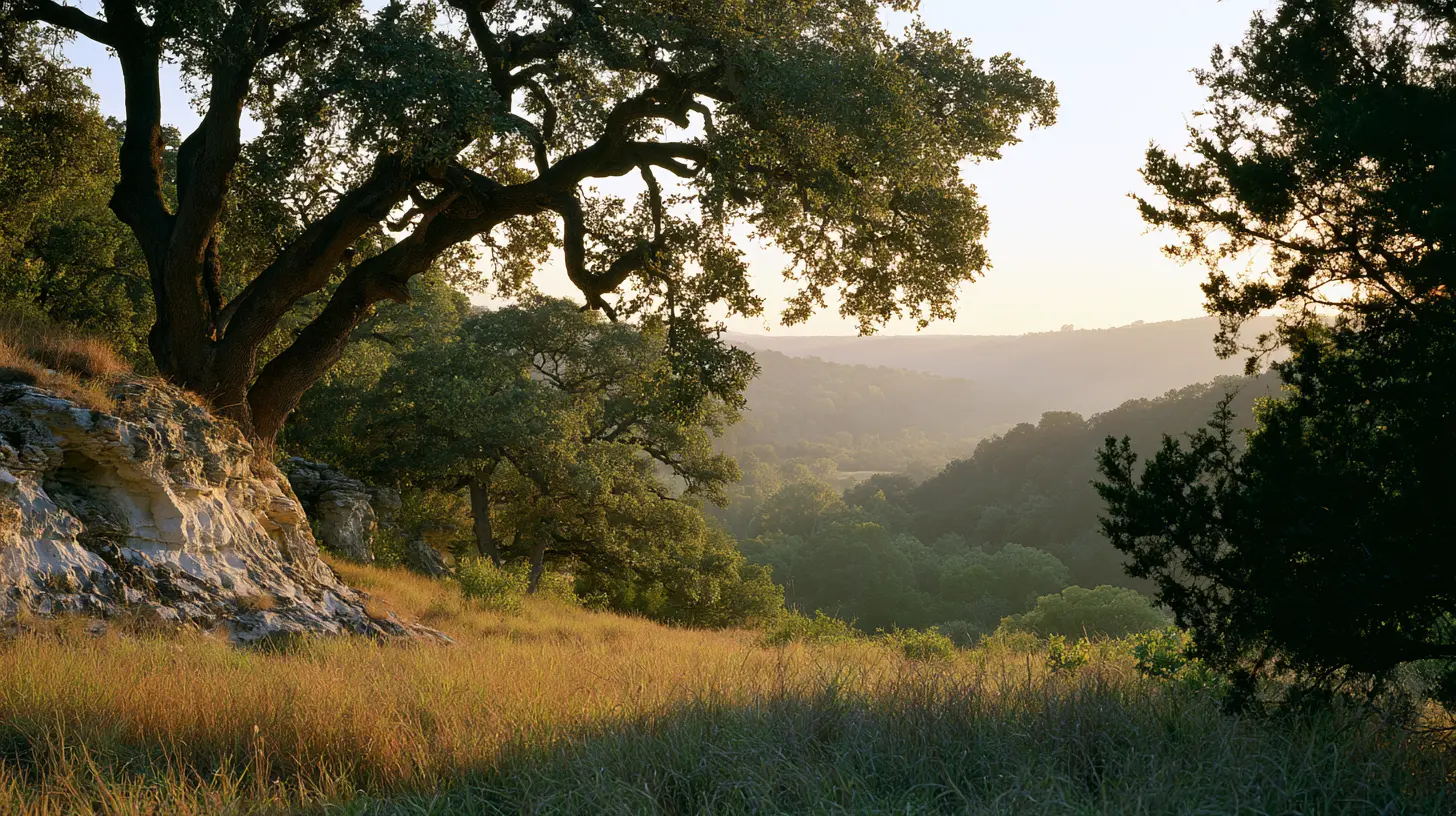 Central Texas Hill Country at first light — a mature live oak on a limestone ledge above a wooded valley.