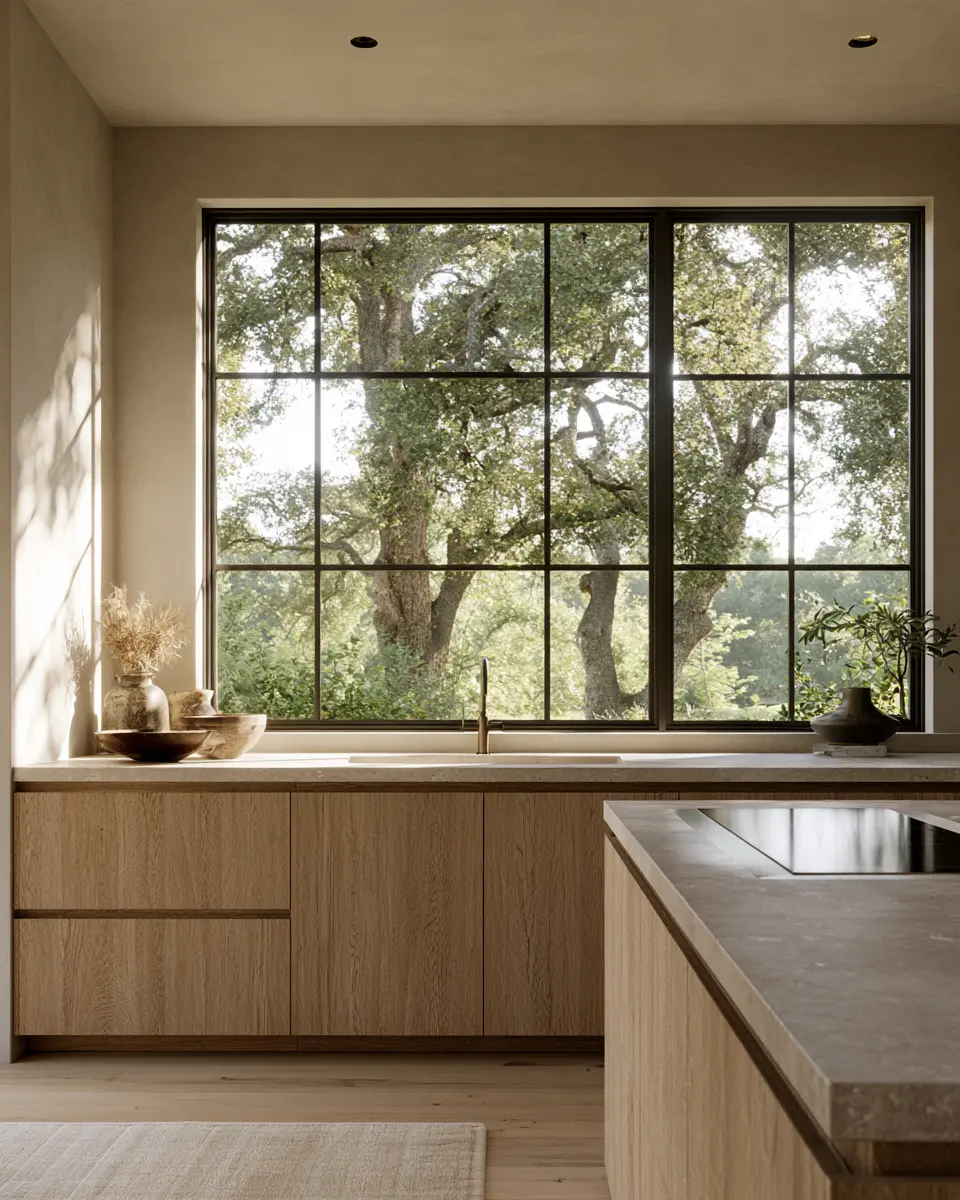 Kitchen counter and sink beneath a steel-grid window looking into mature oaks, plaster walls and quiet surfaces.